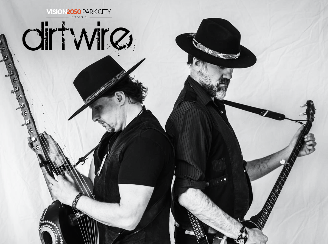 Vision2050 Park City presents Dirtwire: two musicians with guitars in black and white